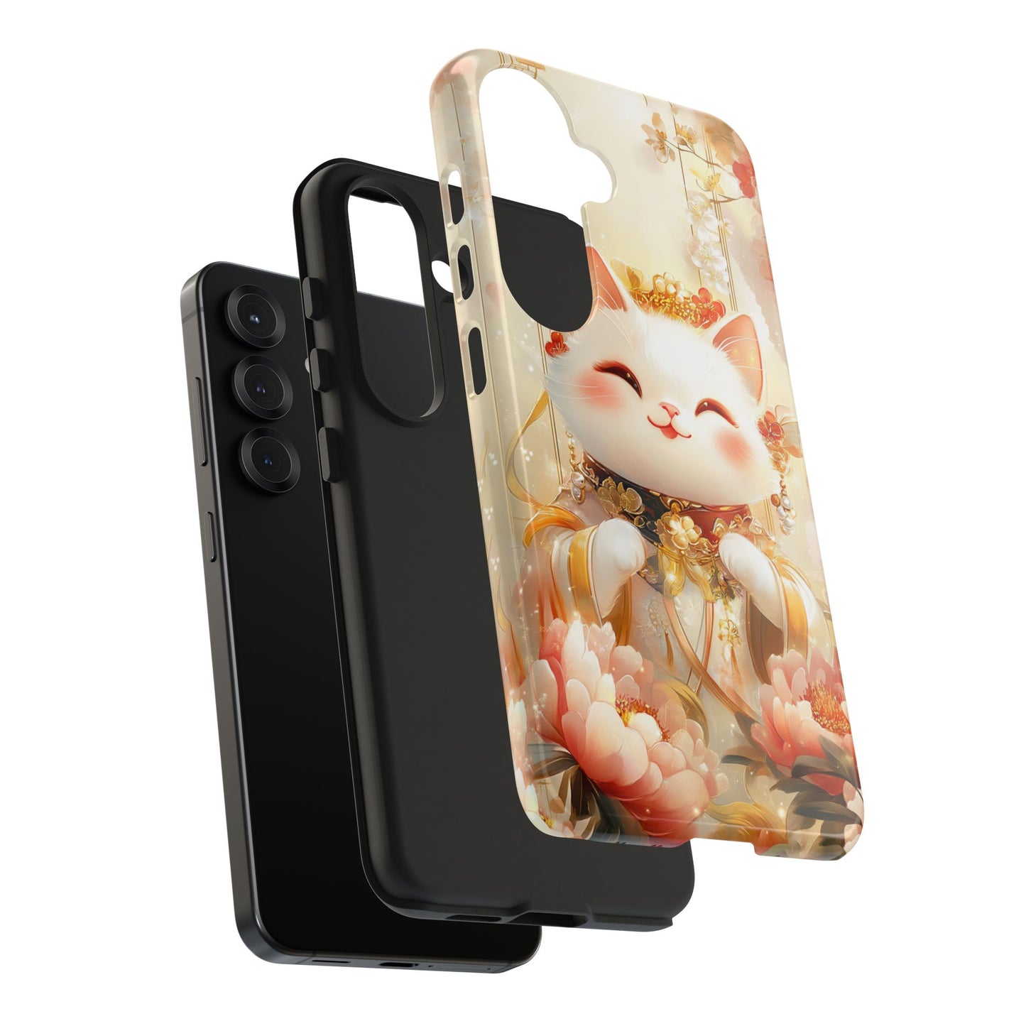 Lucky Fortune Cat Phone Case | Tang Dynasty Chinese Style Golden Floral Design | Cute Smiling Maneki-neko Protective Cover