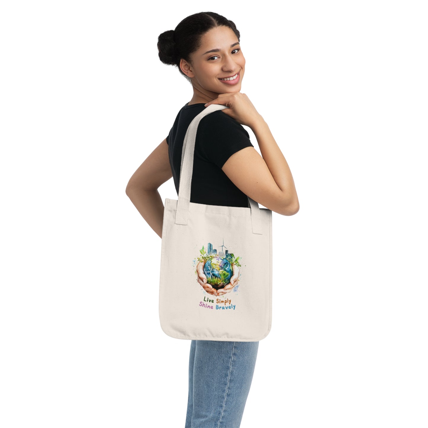 Eco-Friendly Organic Canvas Tote Bag - "Live Simply, Shine Bravely" Design