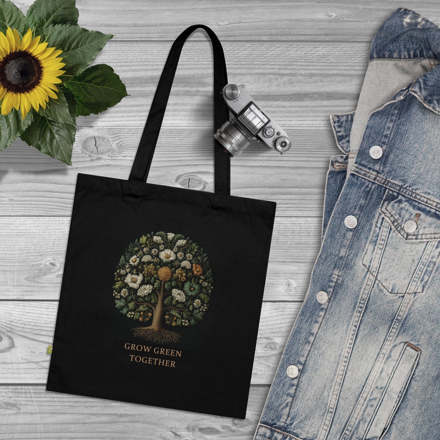 Tree of Life Eco Tote Bag - Vintage Botanical Print | Sustainable Cotton Canvas Bag | "Grow Green Together" Black Tote