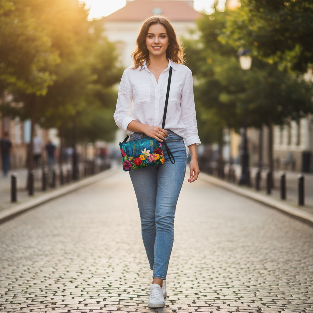 Floral Cityscape Crossbody Bag | Faux Leather Wristlet Purse | Convertible Shoulder Bag | Urban Botanical Art Bag | Adjustable Strap