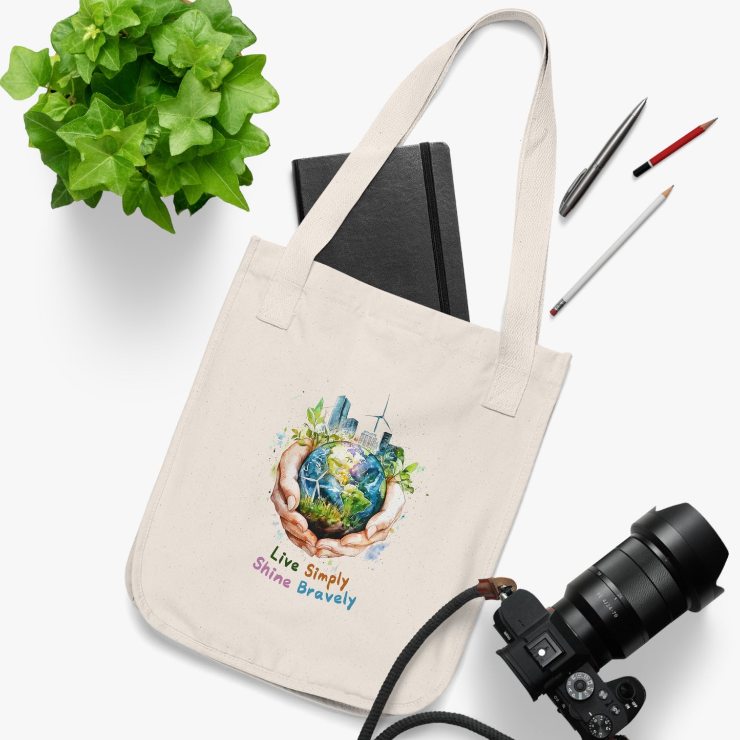 Eco-Friendly Organic Canvas Tote Bag - "Live Simply, Shine Bravely" Design