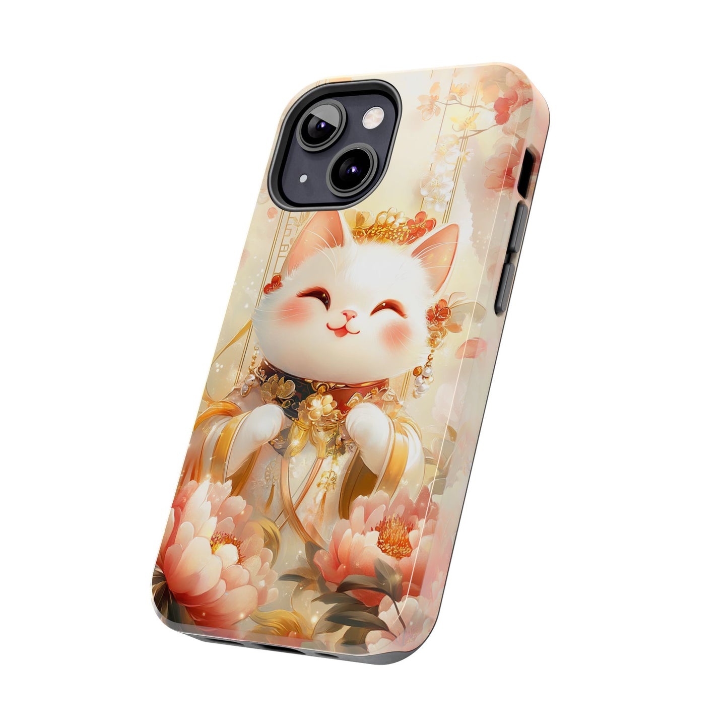 Lucky Fortune Cat Phone Case | Tang Dynasty Chinese Style Golden Floral Design | Cute Smiling Maneki-neko Protective Cover