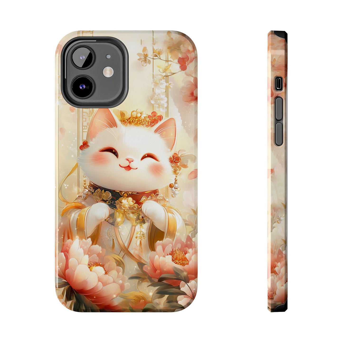 Lucky Fortune Cat Phone Case | Tang Dynasty Chinese Style Golden Floral Design | Cute Smiling Maneki-neko Protective Cover