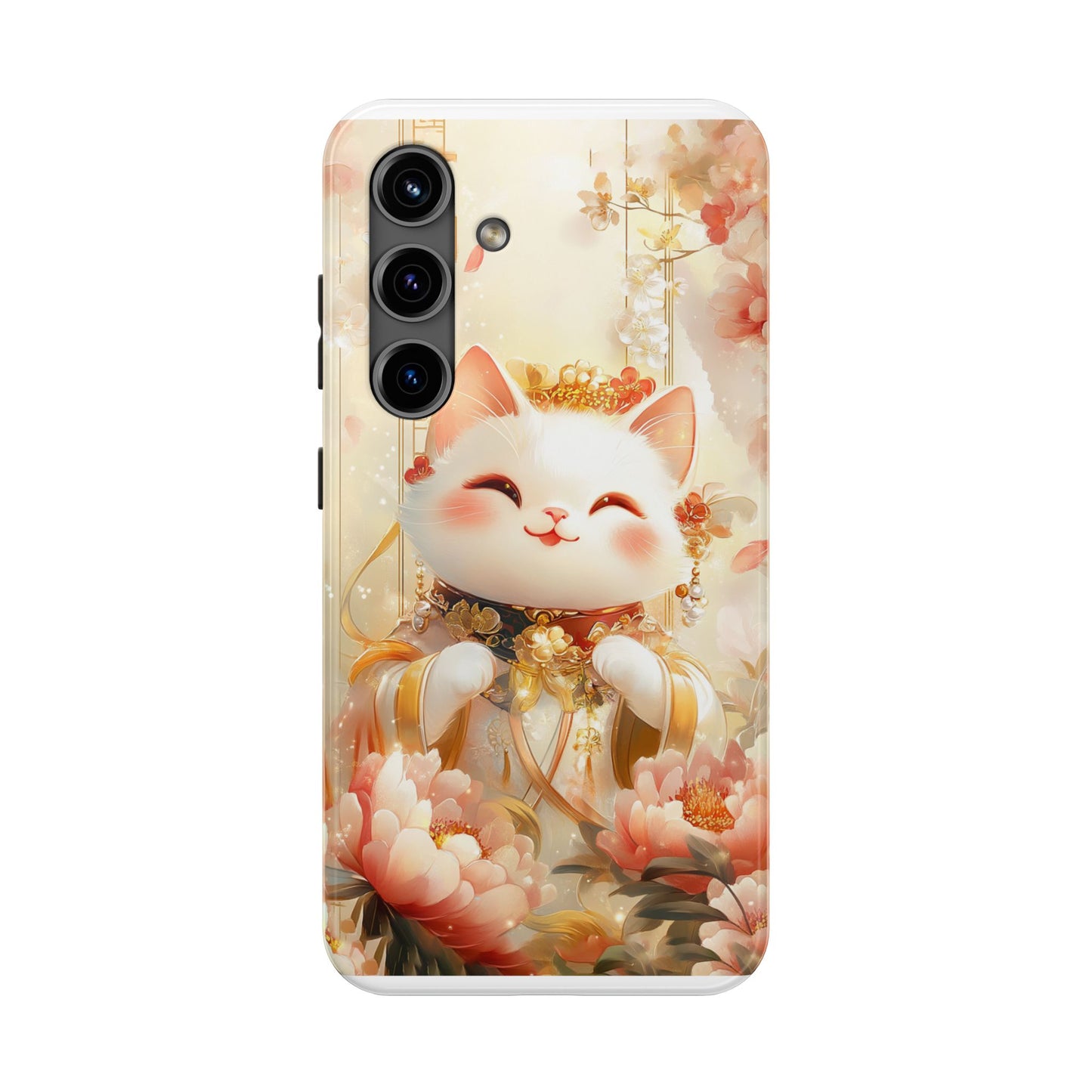 Lucky Fortune Cat Phone Case | Tang Dynasty Chinese Style Golden Floral Design | Cute Smiling Maneki-neko Protective Cover
