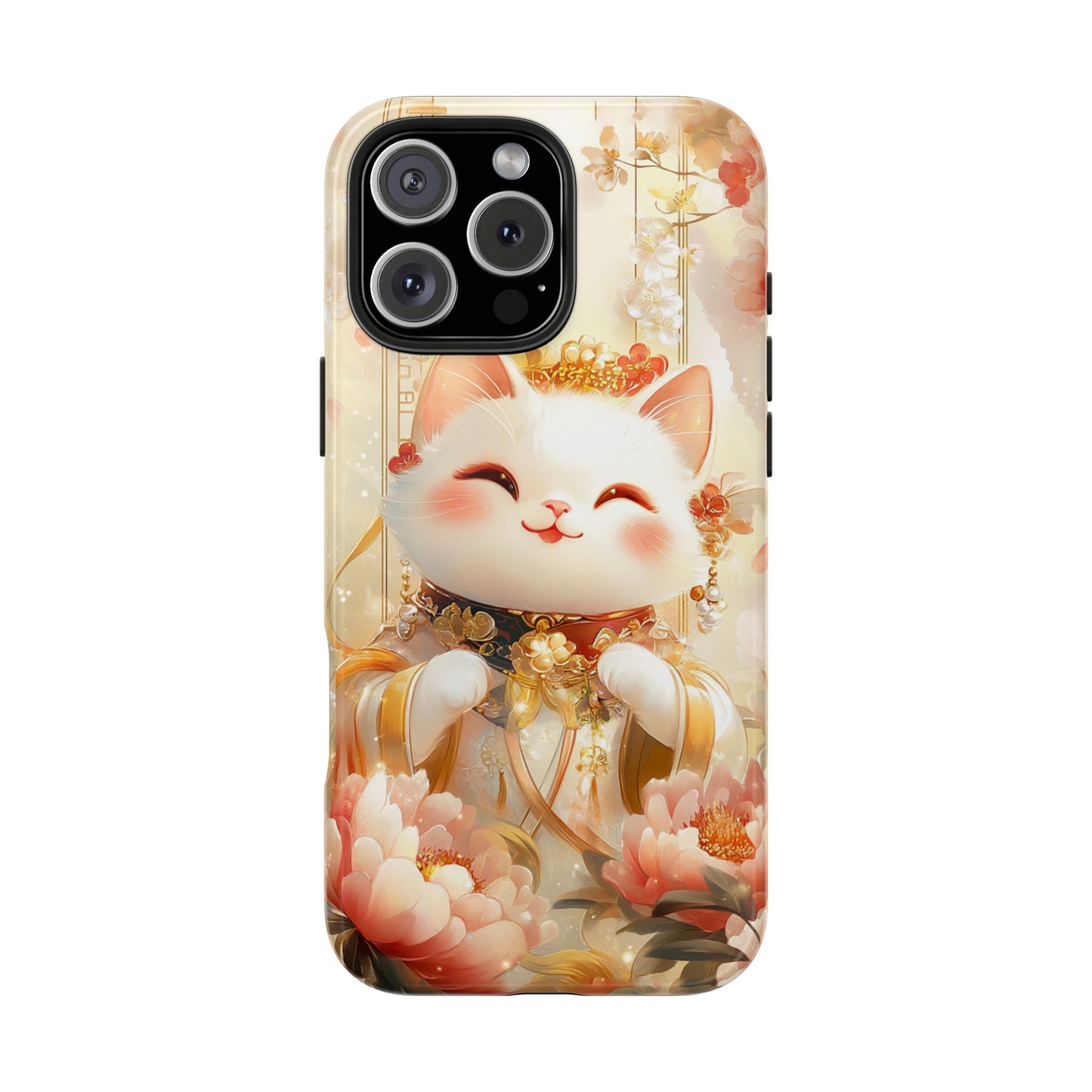 Lucky Fortune Cat Phone Case | Tang Dynasty Chinese Style Golden Floral Design | Cute Smiling Maneki-neko Protective Cover