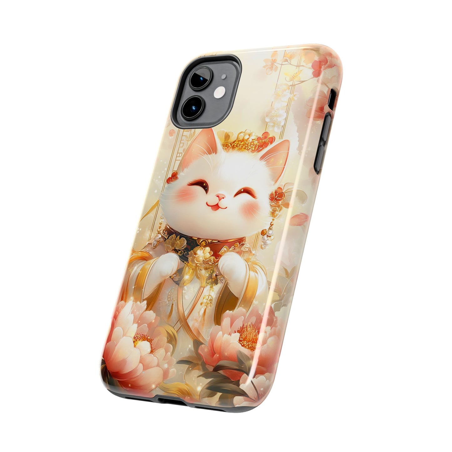 Lucky Fortune Cat Phone Case | Tang Dynasty Chinese Style Golden Floral Design | Cute Smiling Maneki-neko Protective Cover