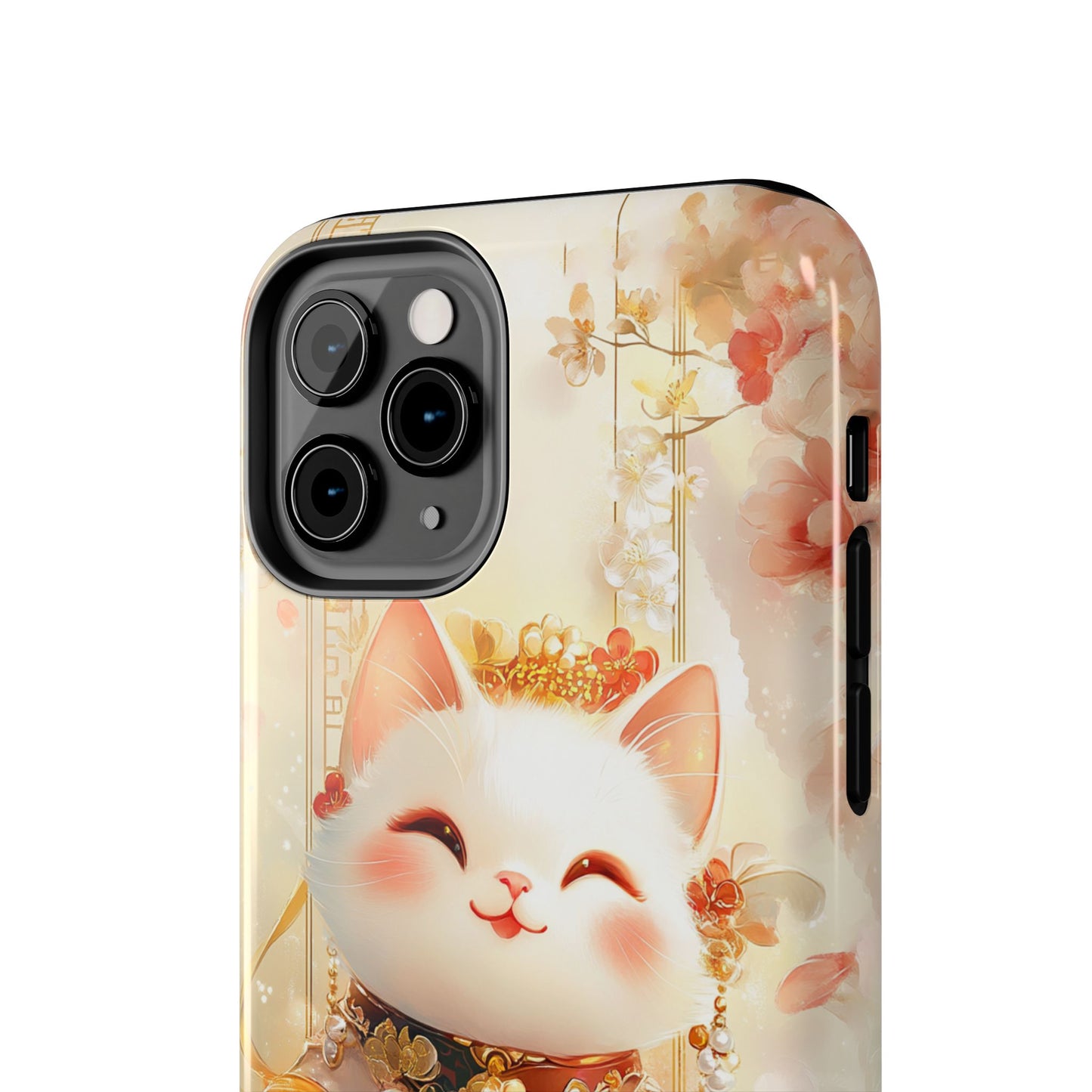 Lucky Fortune Cat Phone Case | Tang Dynasty Chinese Style Golden Floral Design | Cute Smiling Maneki-neko Protective Cover
