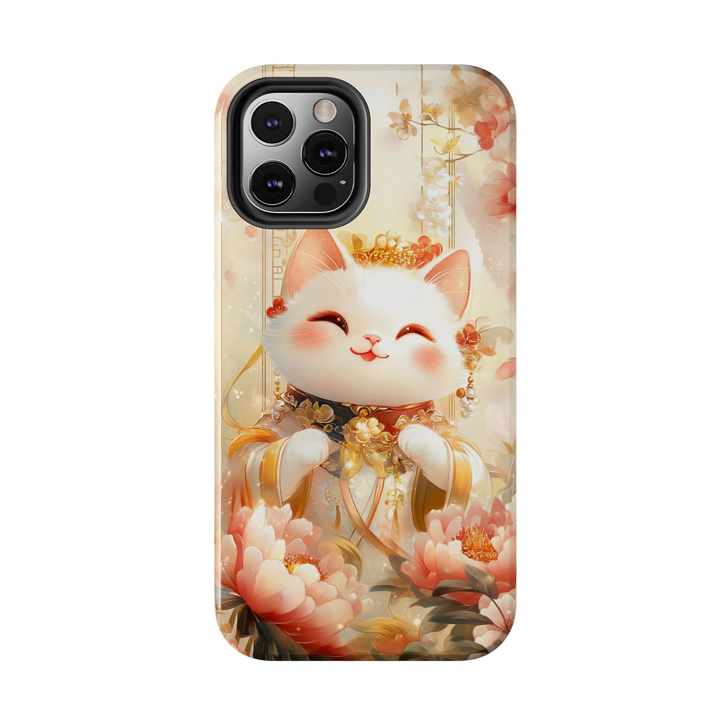 Lucky Fortune Cat Phone Case | Tang Dynasty Chinese Style Golden Floral Design | Cute Smiling Maneki-neko Protective Cover