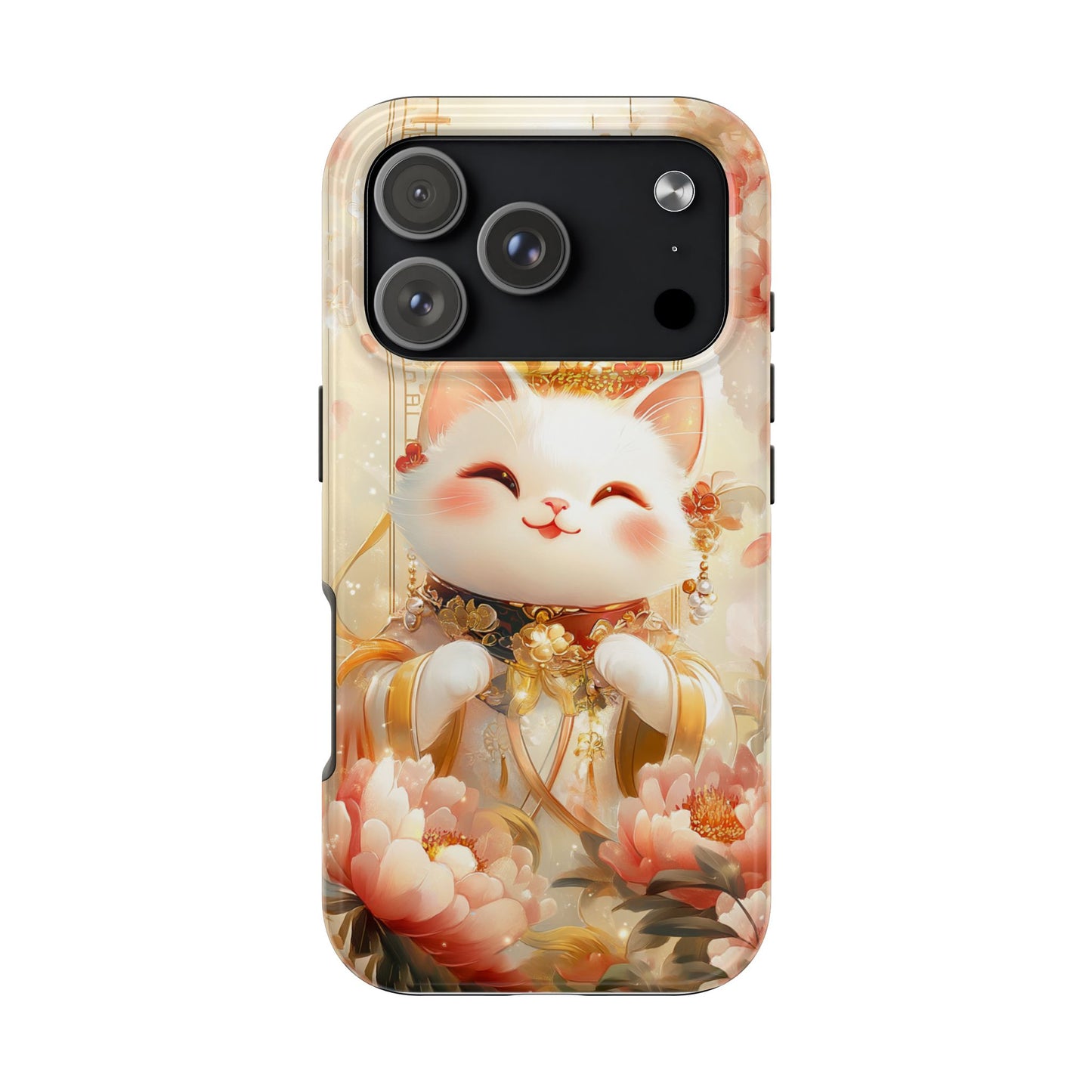 Lucky Fortune Cat Phone Case | Tang Dynasty Chinese Style Golden Floral Design | Cute Smiling Maneki-neko Protective Cover