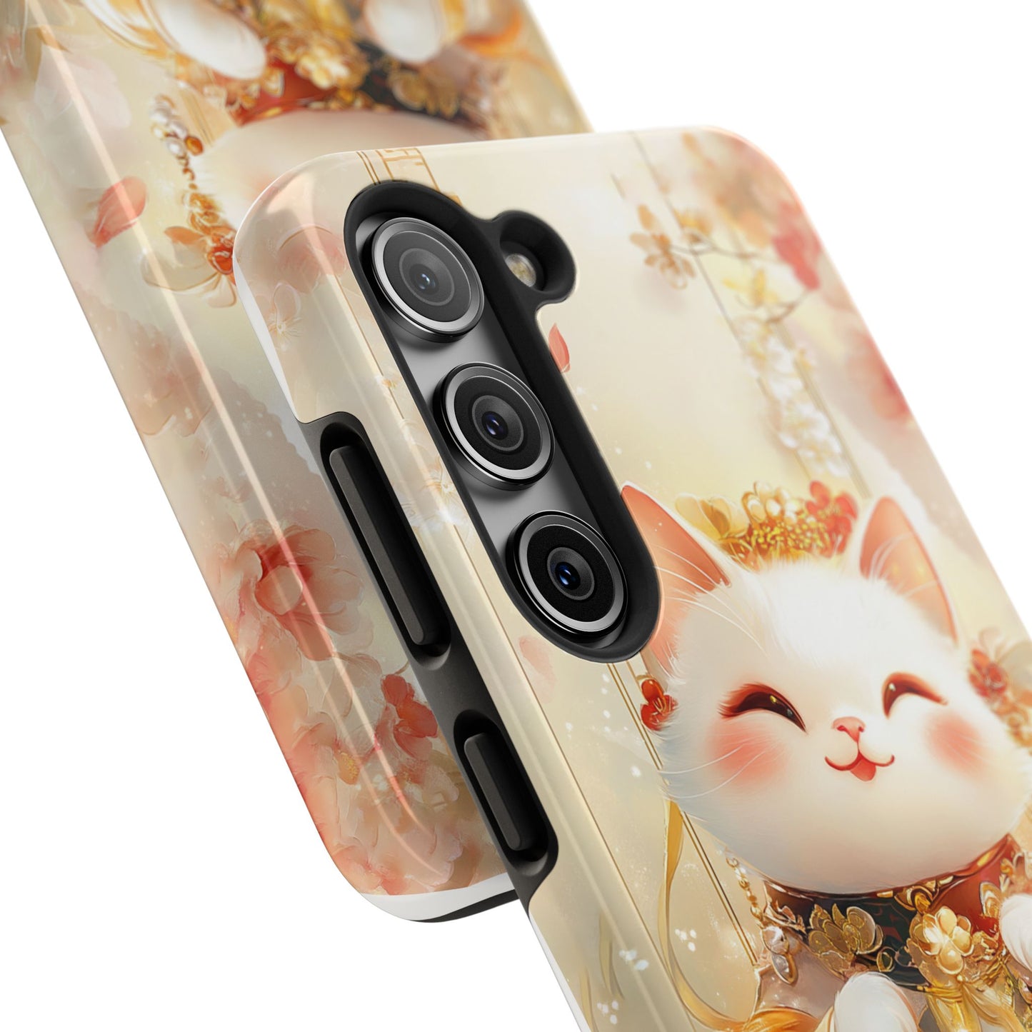 Lucky Fortune Cat Phone Case | Tang Dynasty Chinese Style Golden Floral Design | Cute Smiling Maneki-neko Protective Cover