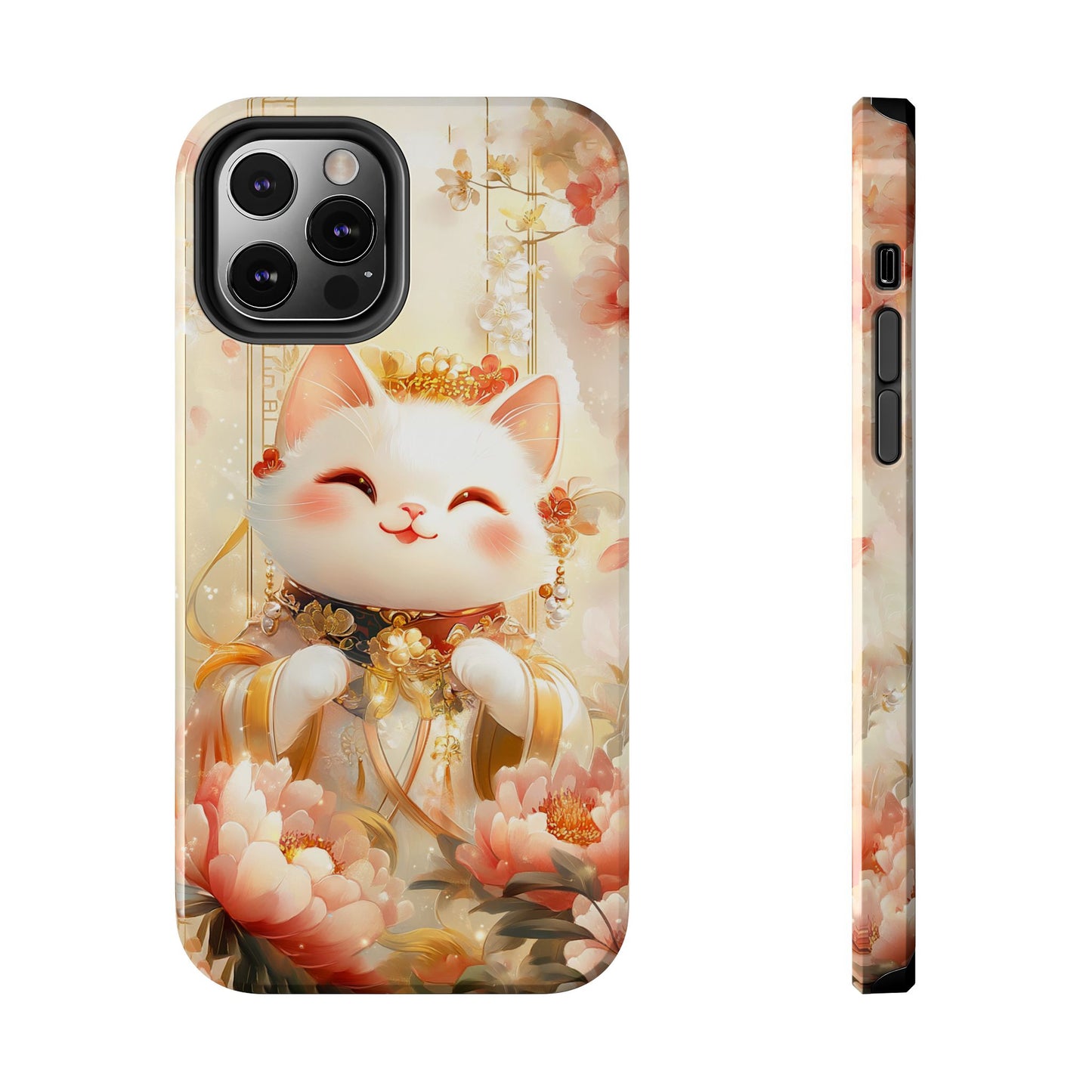 Lucky Fortune Cat Phone Case | Tang Dynasty Chinese Style Golden Floral Design | Cute Smiling Maneki-neko Protective Cover