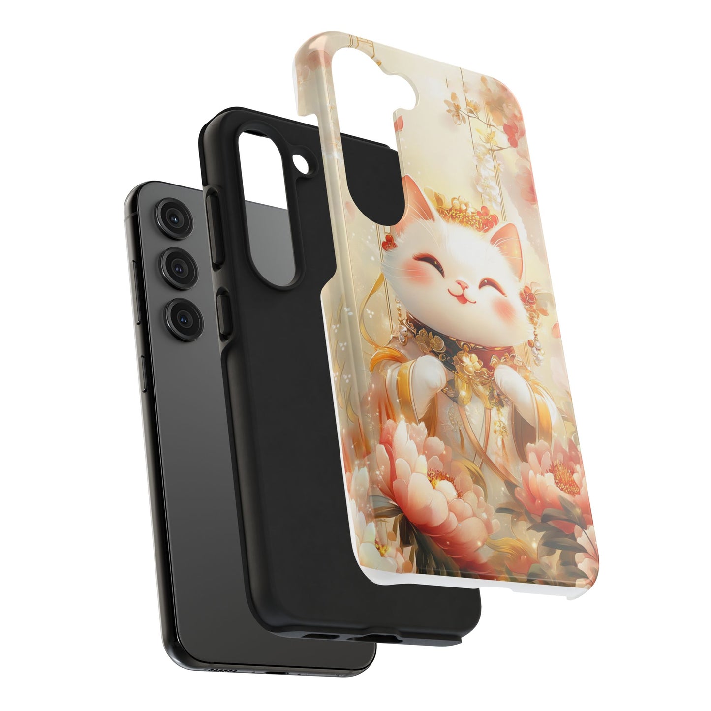 Lucky Fortune Cat Phone Case | Tang Dynasty Chinese Style Golden Floral Design | Cute Smiling Maneki-neko Protective Cover