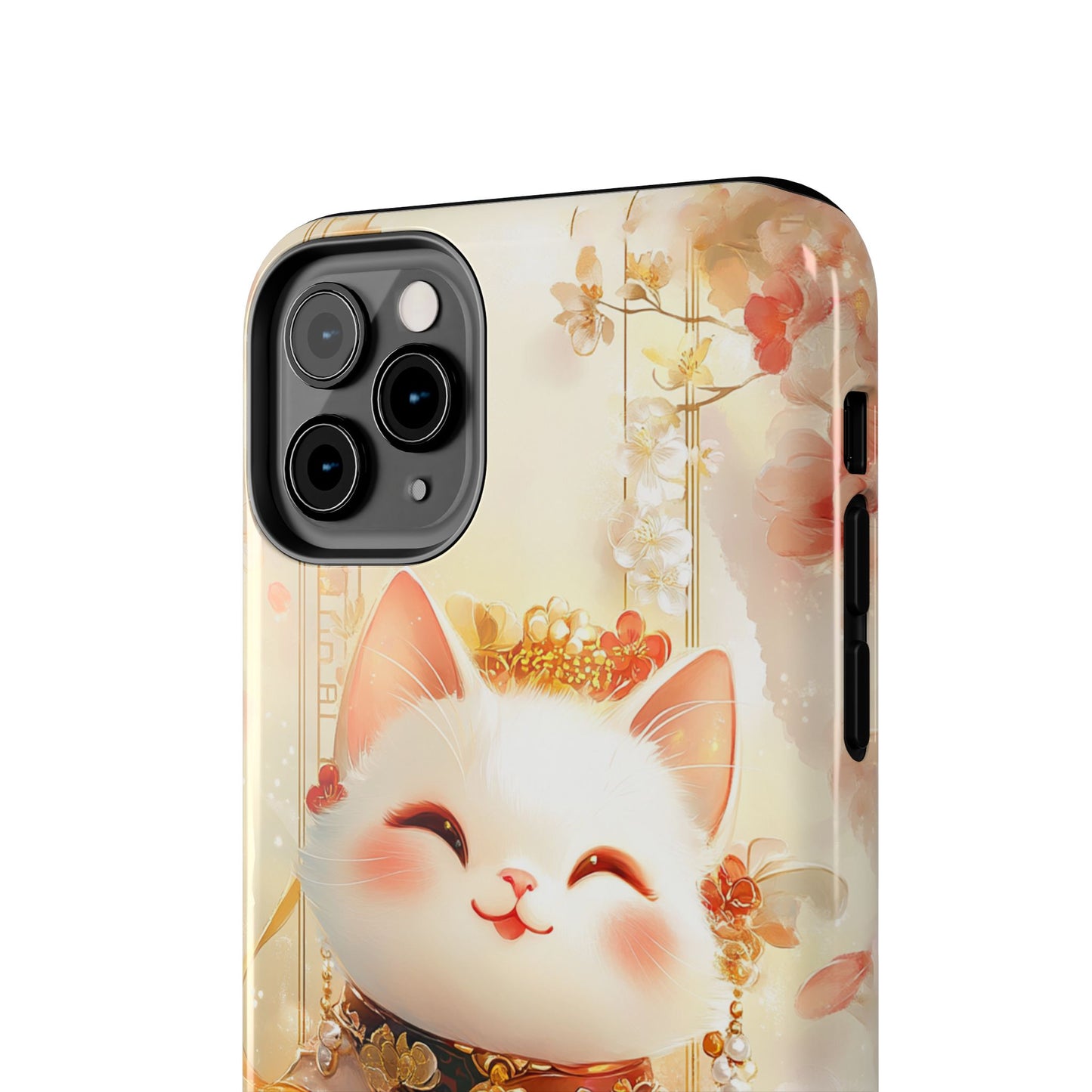 Lucky Fortune Cat Phone Case | Tang Dynasty Chinese Style Golden Floral Design | Cute Smiling Maneki-neko Protective Cover