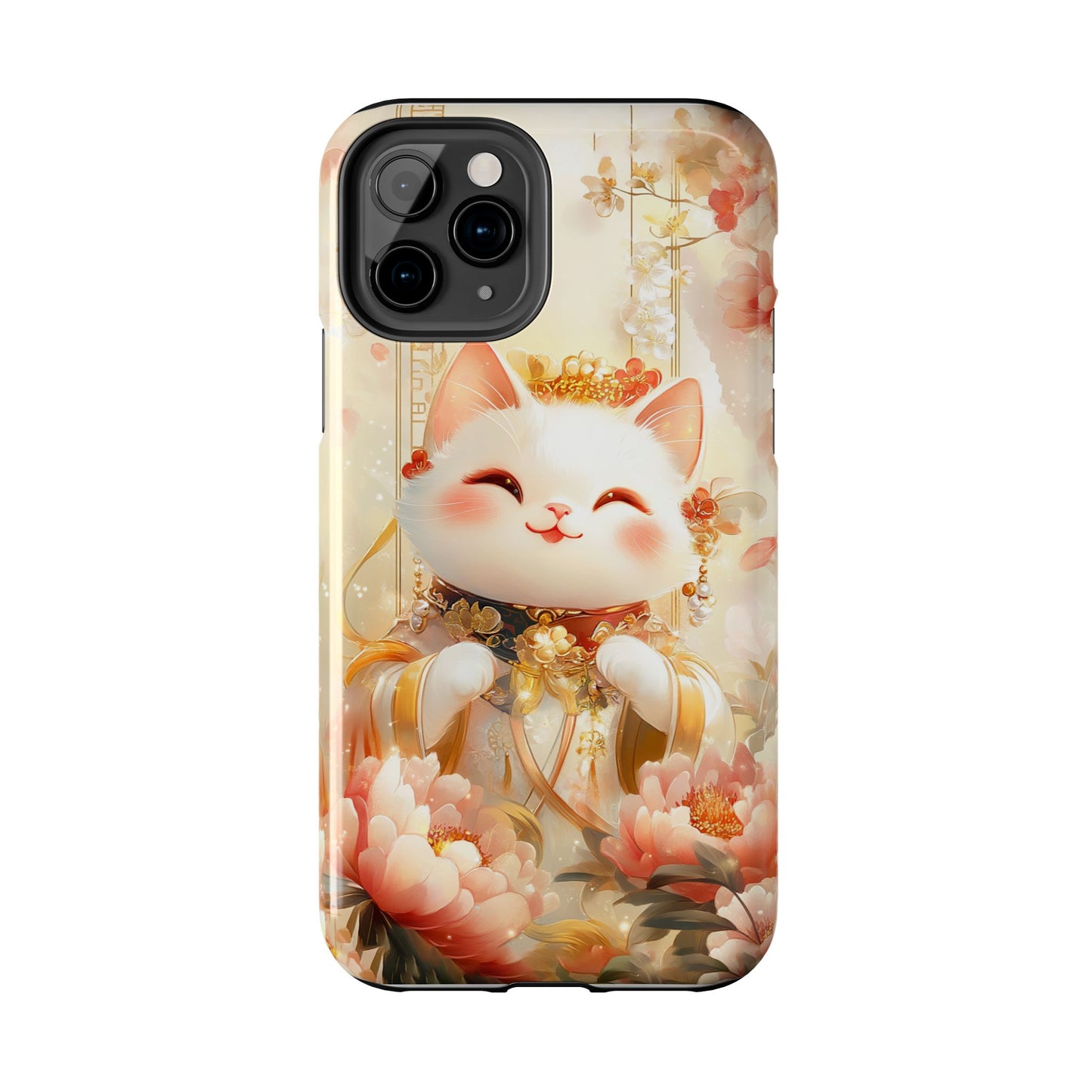 Lucky Fortune Cat Phone Case | Tang Dynasty Chinese Style Golden Floral Design | Cute Smiling Maneki-neko Protective Cover