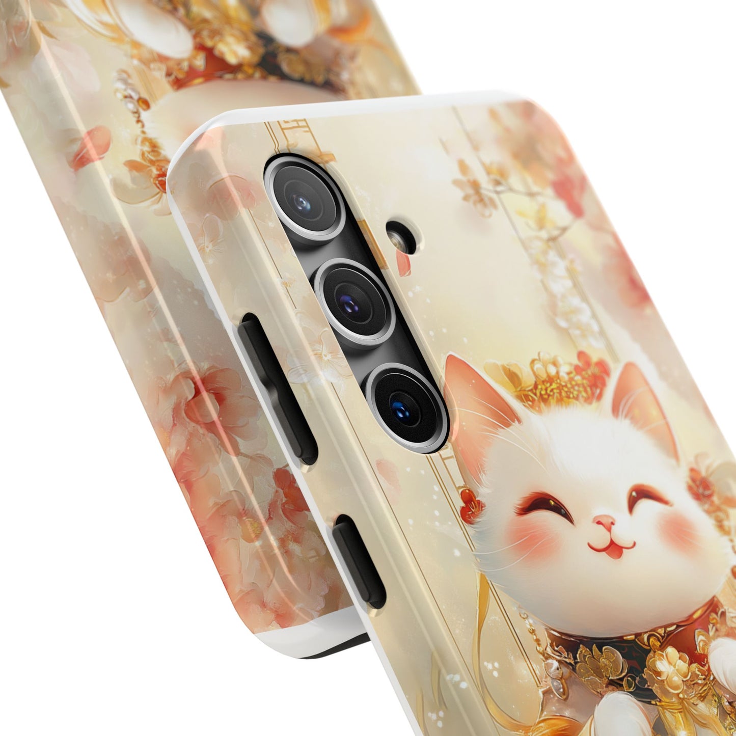 Lucky Fortune Cat Phone Case | Tang Dynasty Chinese Style Golden Floral Design | Cute Smiling Maneki-neko Protective Cover