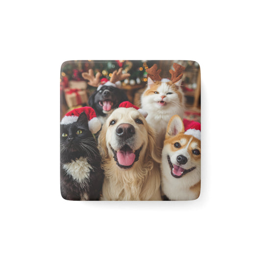 Festive Pet Portraits Magnet - Square Christmas Dog & Cat Design