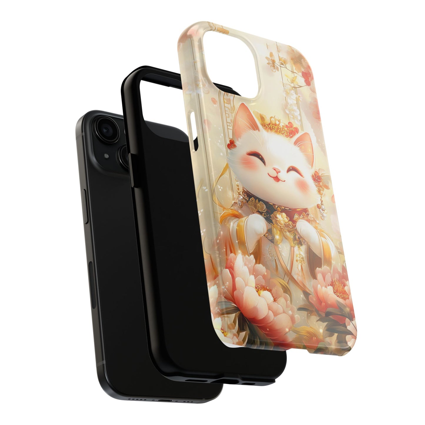 Lucky Fortune Cat Phone Case | Tang Dynasty Chinese Style Golden Floral Design | Cute Smiling Maneki-neko Protective Cover