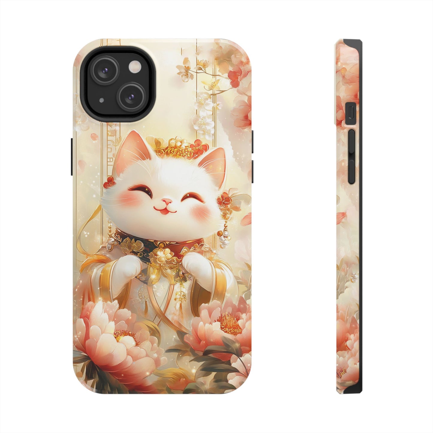 Lucky Fortune Cat Phone Case | Tang Dynasty Chinese Style Golden Floral Design | Cute Smiling Maneki-neko Protective Cover