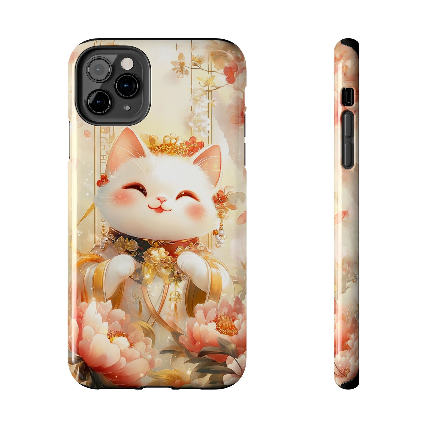 Lucky Fortune Cat Phone Case | Tang Dynasty Chinese Style Golden Floral Design | Cute Smiling Maneki-neko Protective Cover