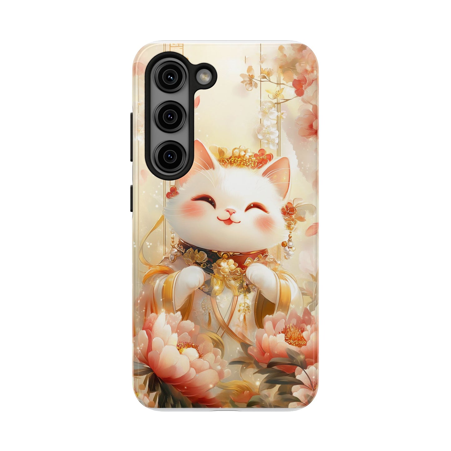 Lucky Fortune Cat Phone Case | Tang Dynasty Chinese Style Golden Floral Design | Cute Smiling Maneki-neko Protective Cover