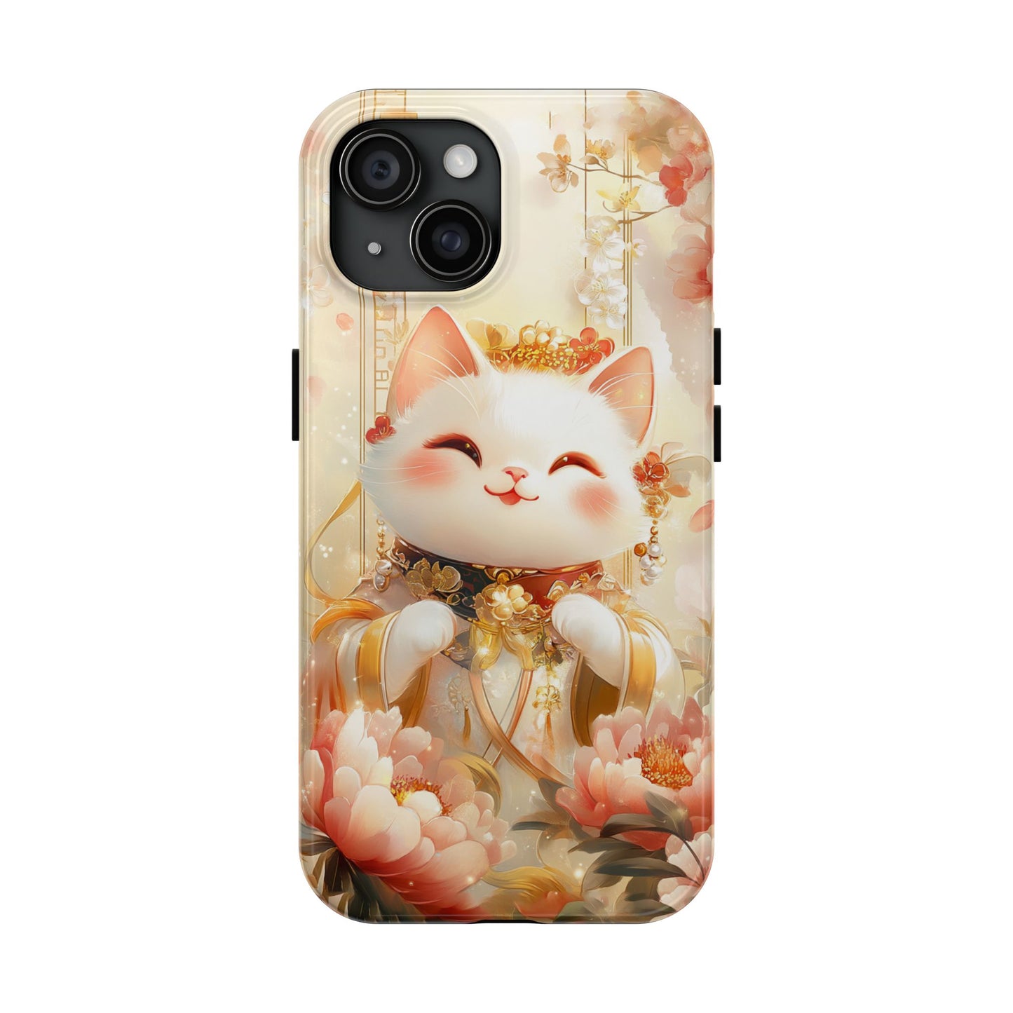 Lucky Fortune Cat Phone Case | Tang Dynasty Chinese Style Golden Floral Design | Cute Smiling Maneki-neko Protective Cover