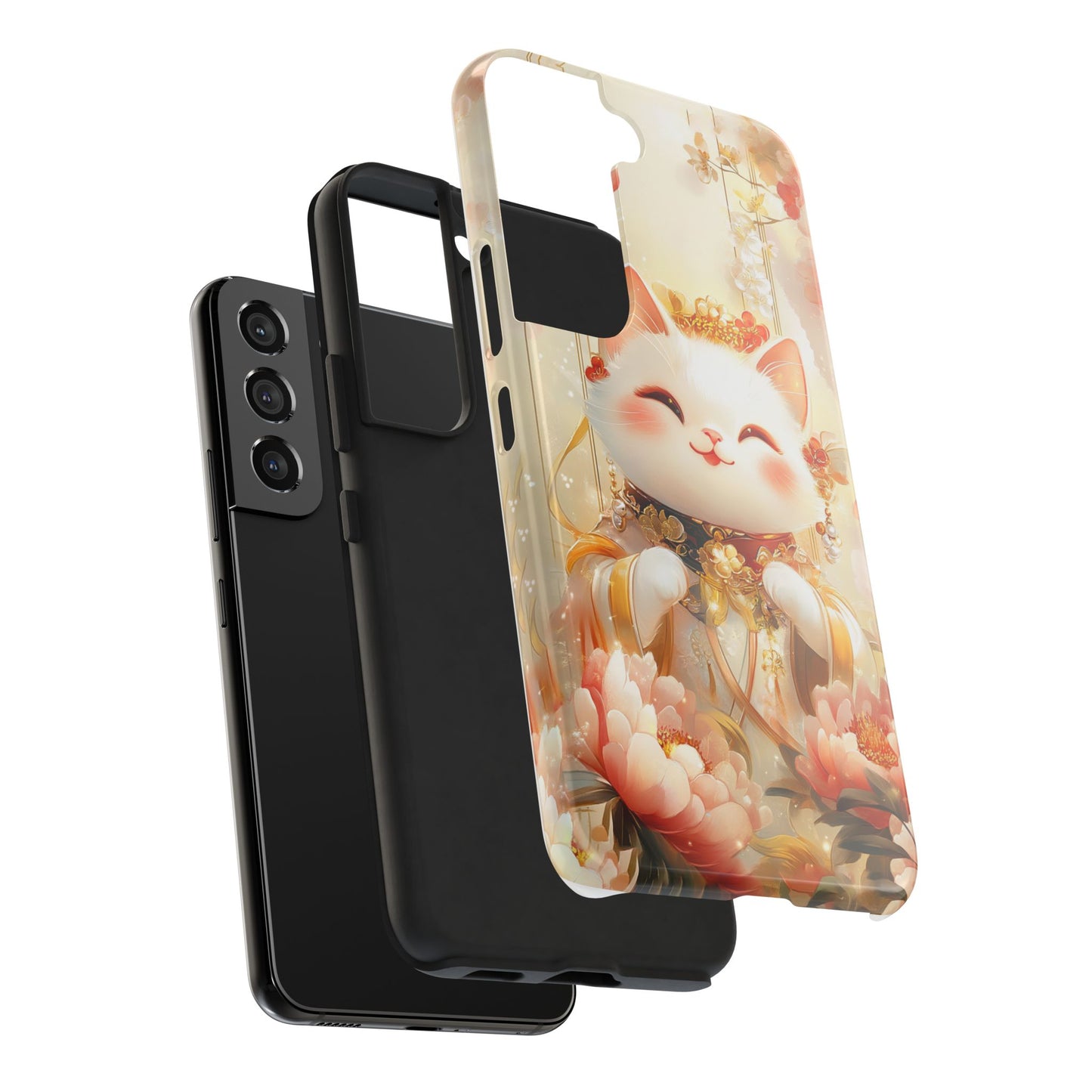 Lucky Fortune Cat Phone Case | Tang Dynasty Chinese Style Golden Floral Design | Cute Smiling Maneki-neko Protective Cover