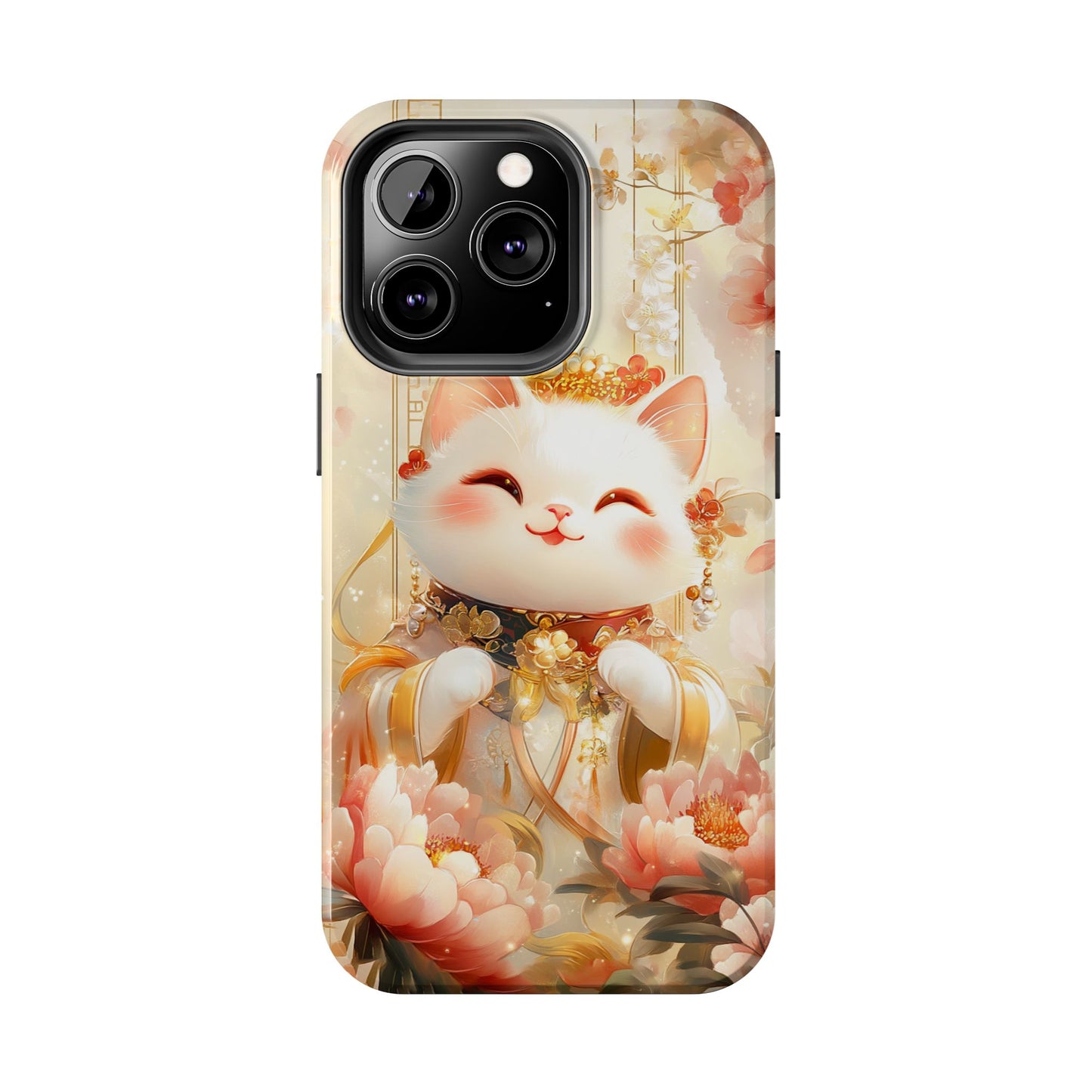 Lucky Fortune Cat Phone Case | Tang Dynasty Chinese Style Golden Floral Design | Cute Smiling Maneki-neko Protective Cover