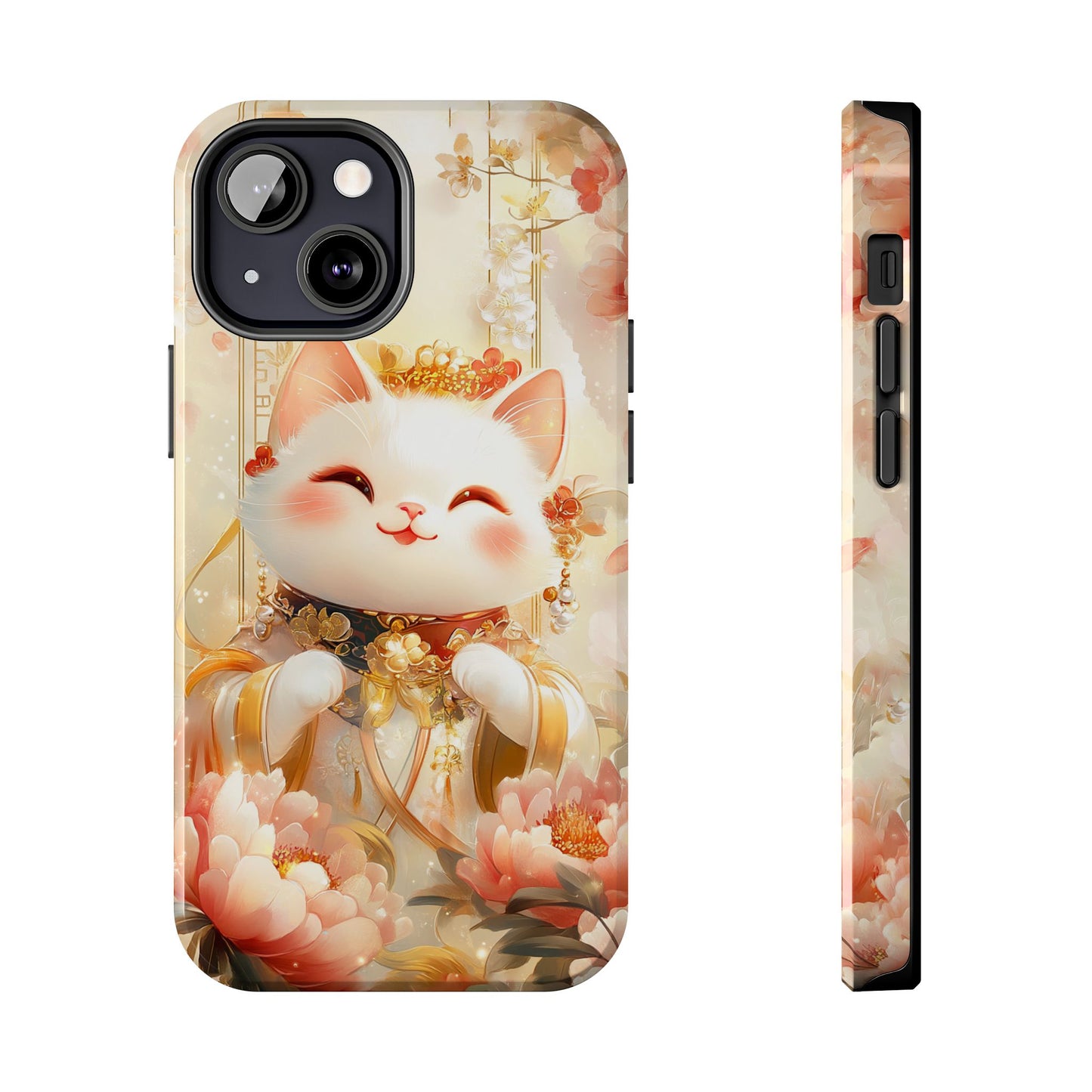 Lucky Fortune Cat Phone Case | Tang Dynasty Chinese Style Golden Floral Design | Cute Smiling Maneki-neko Protective Cover