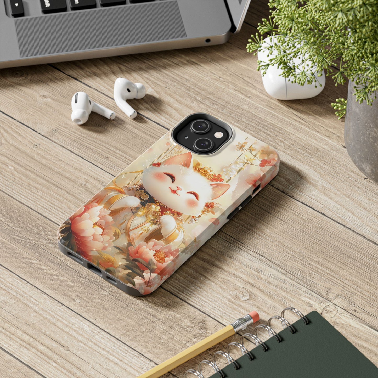 Lucky Fortune Cat Phone Case | Tang Dynasty Chinese Style Golden Floral Design | Cute Smiling Maneki-neko Protective Cover