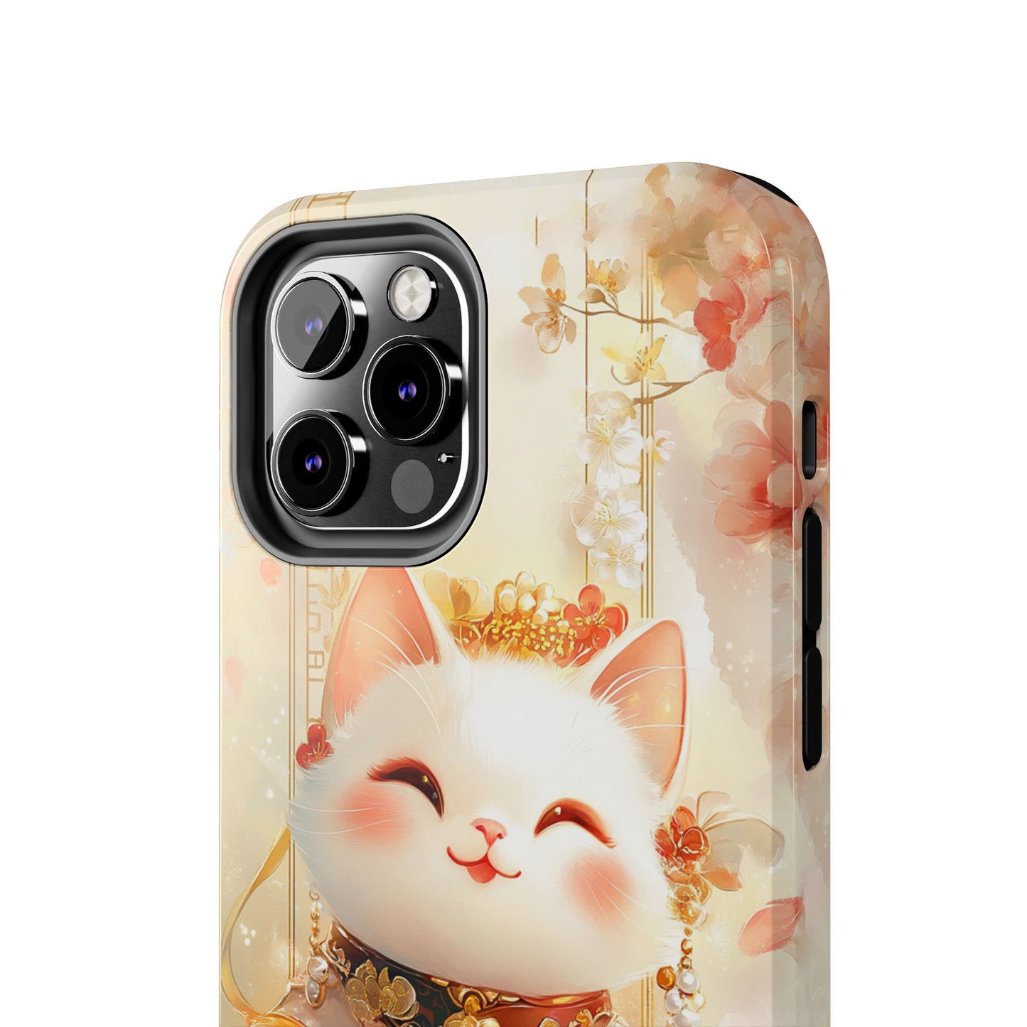 Lucky Fortune Cat Phone Case | Tang Dynasty Chinese Style Golden Floral Design | Cute Smiling Maneki-neko Protective Cover