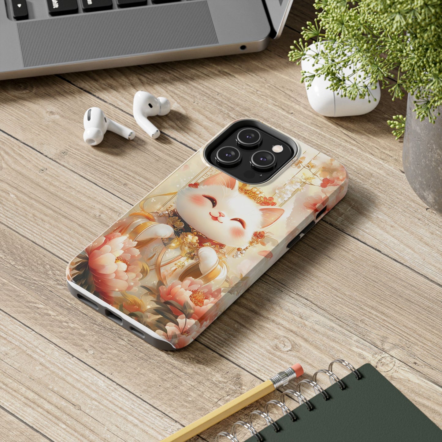 Lucky Fortune Cat Phone Case | Tang Dynasty Chinese Style Golden Floral Design | Cute Smiling Maneki-neko Protective Cover