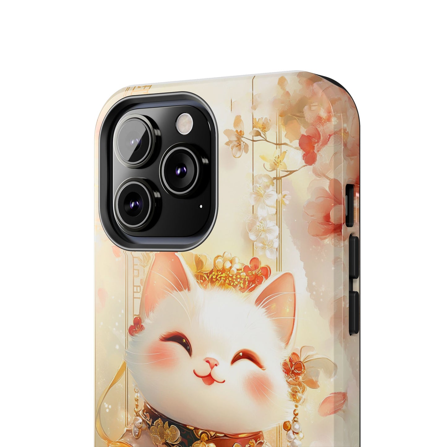 Lucky Fortune Cat Phone Case | Tang Dynasty Chinese Style Golden Floral Design | Cute Smiling Maneki-neko Protective Cover
