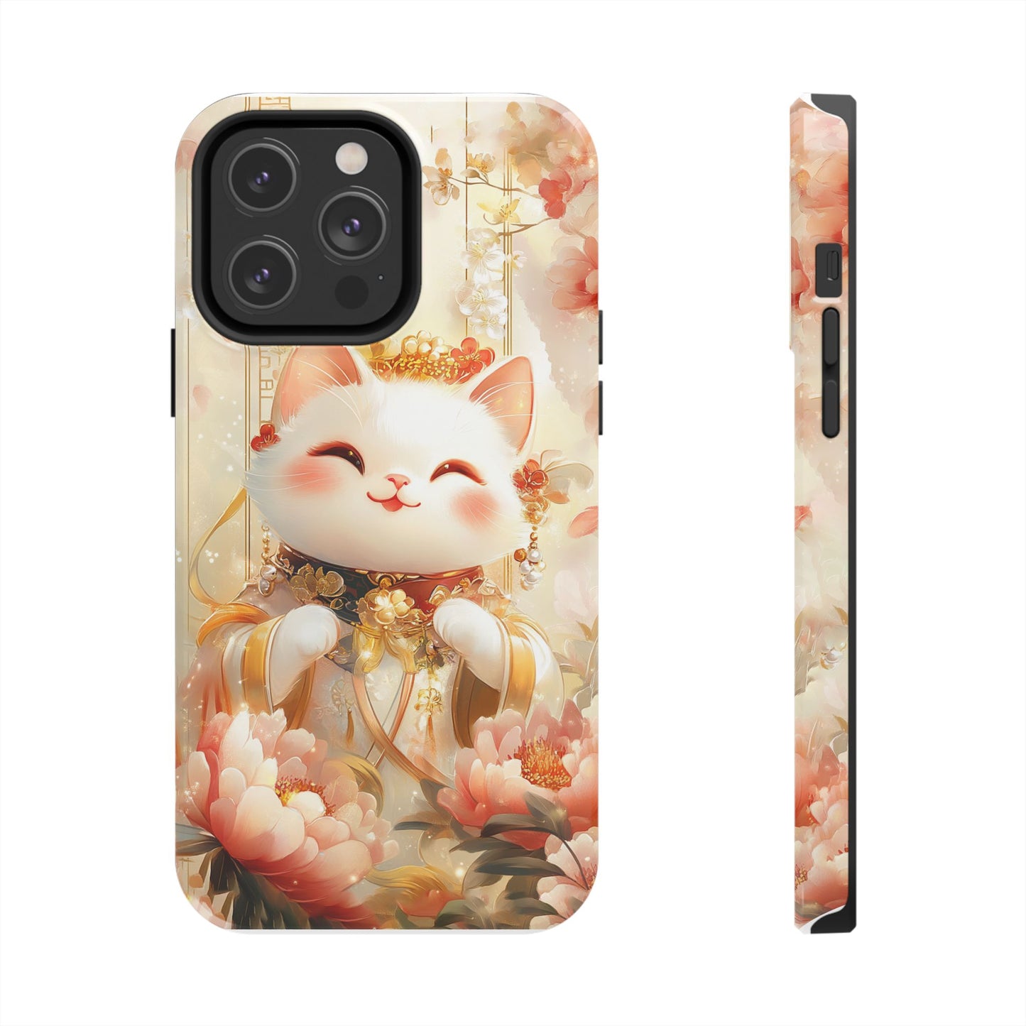 Lucky Fortune Cat Phone Case | Tang Dynasty Chinese Style Golden Floral Design | Cute Smiling Maneki-neko Protective Cover