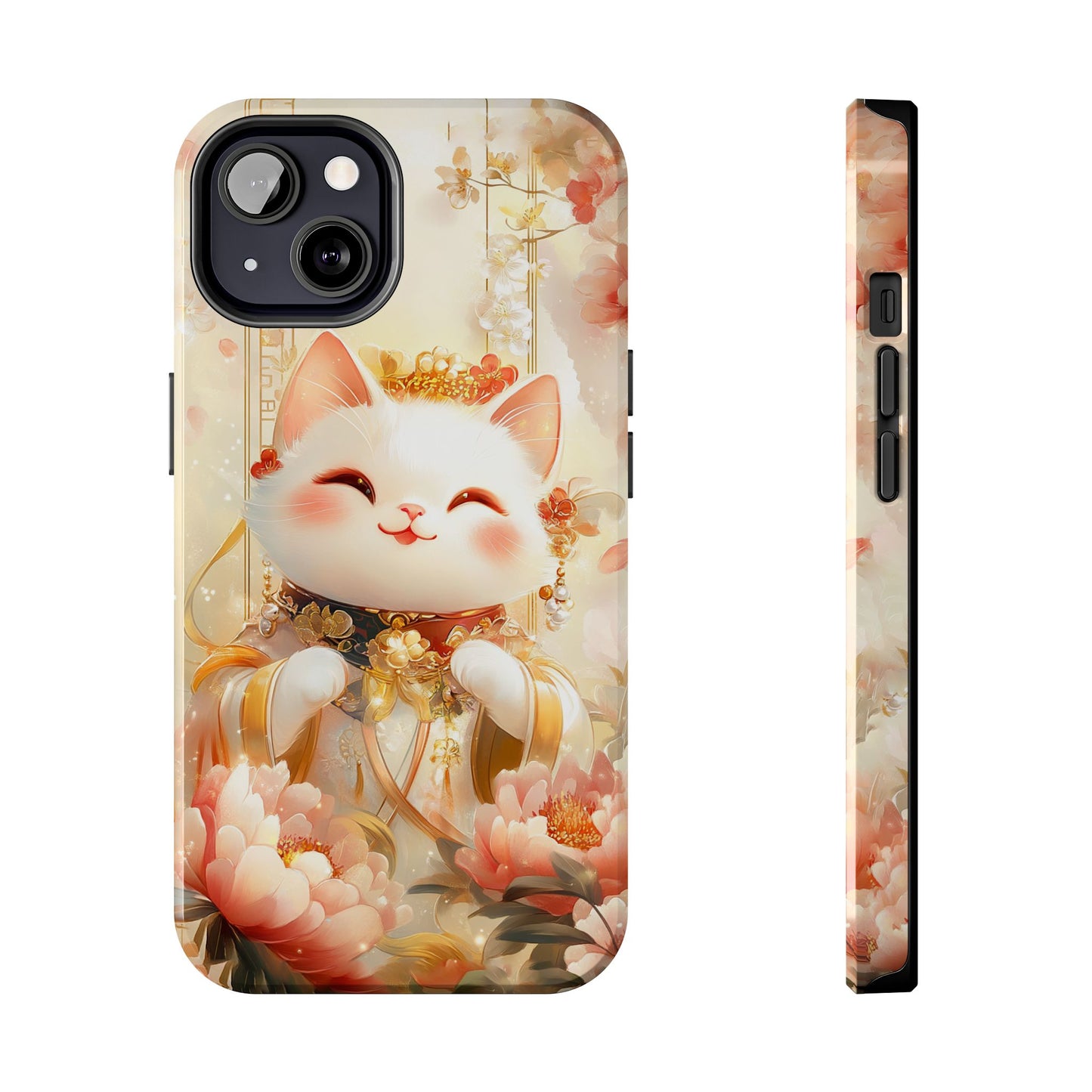 Lucky Fortune Cat Phone Case | Tang Dynasty Chinese Style Golden Floral Design | Cute Smiling Maneki-neko Protective Cover