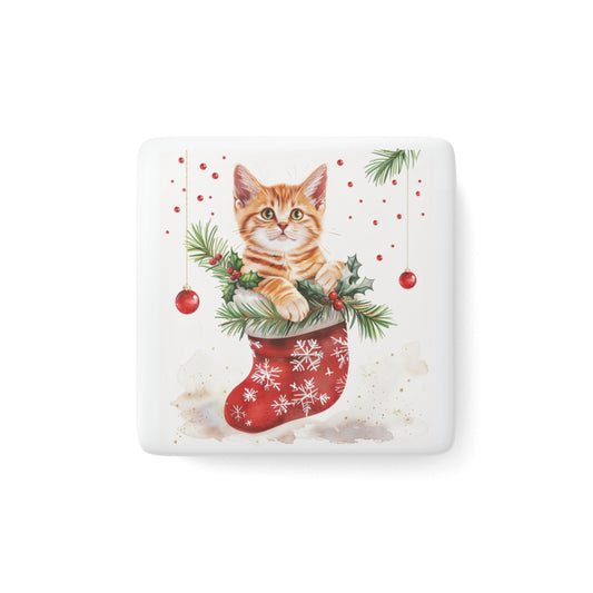Festive Cat in Christmas Stocking Magnet