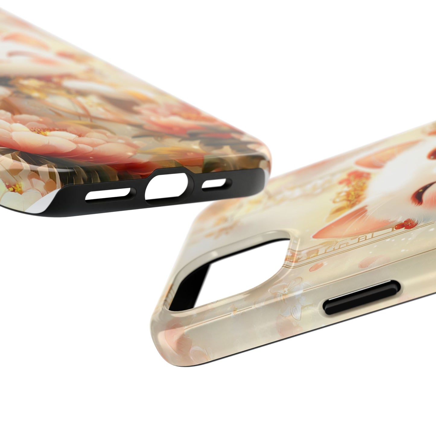 Lucky Fortune Cat Phone Case | Tang Dynasty Chinese Style Golden Floral Design | Cute Smiling Maneki-neko Protective Cover