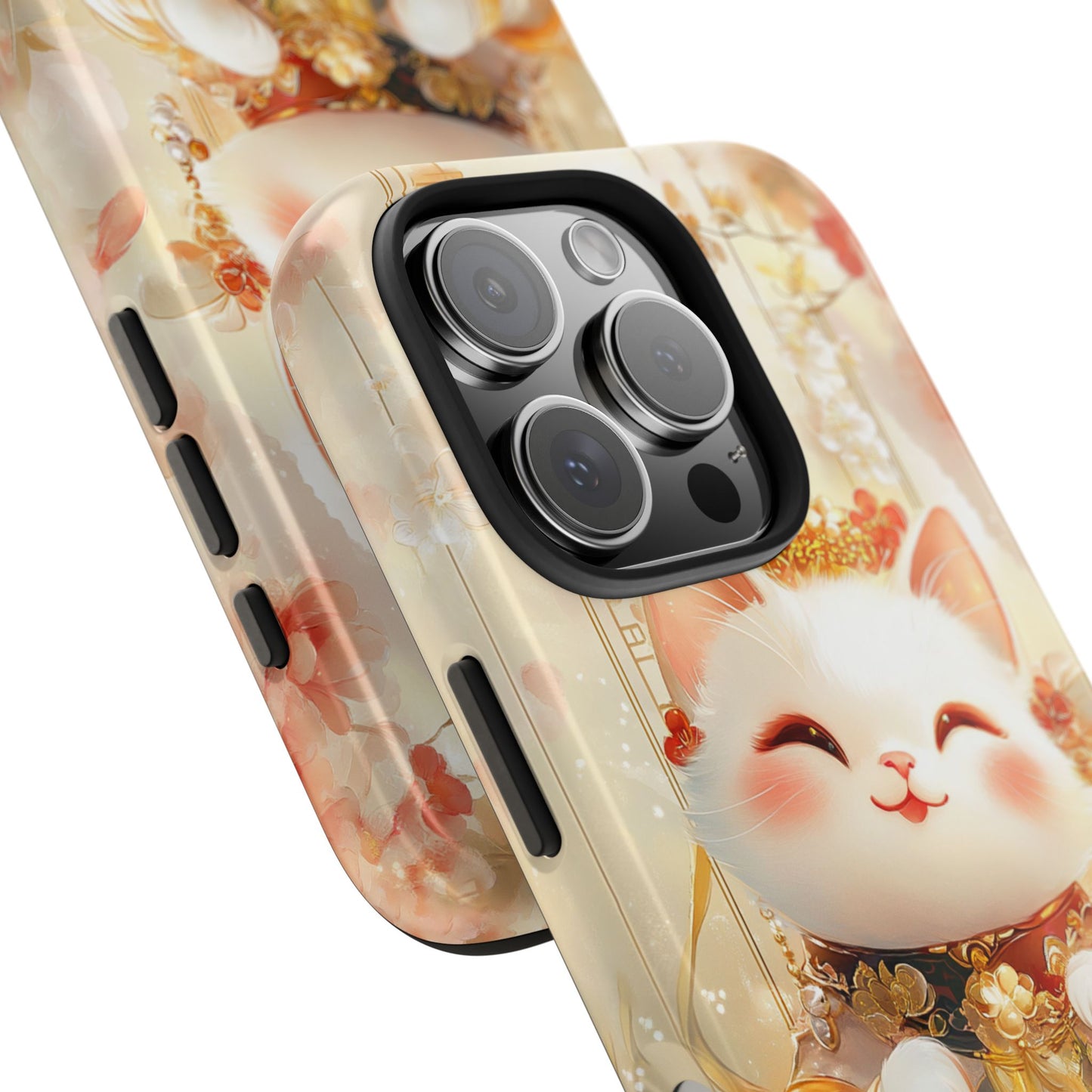 Lucky Fortune Cat Phone Case | Tang Dynasty Chinese Style Golden Floral Design | Cute Smiling Maneki-neko Protective Cover