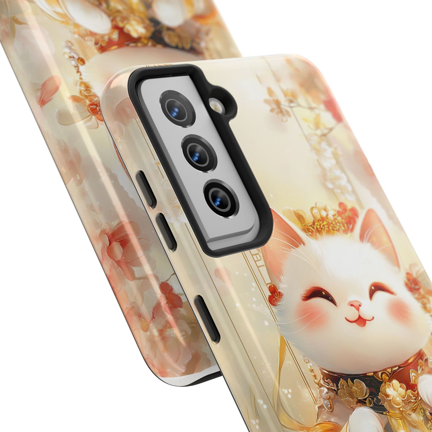 Lucky Fortune Cat Phone Case | Tang Dynasty Chinese Style Golden Floral Design | Cute Smiling Maneki-neko Protective Cover