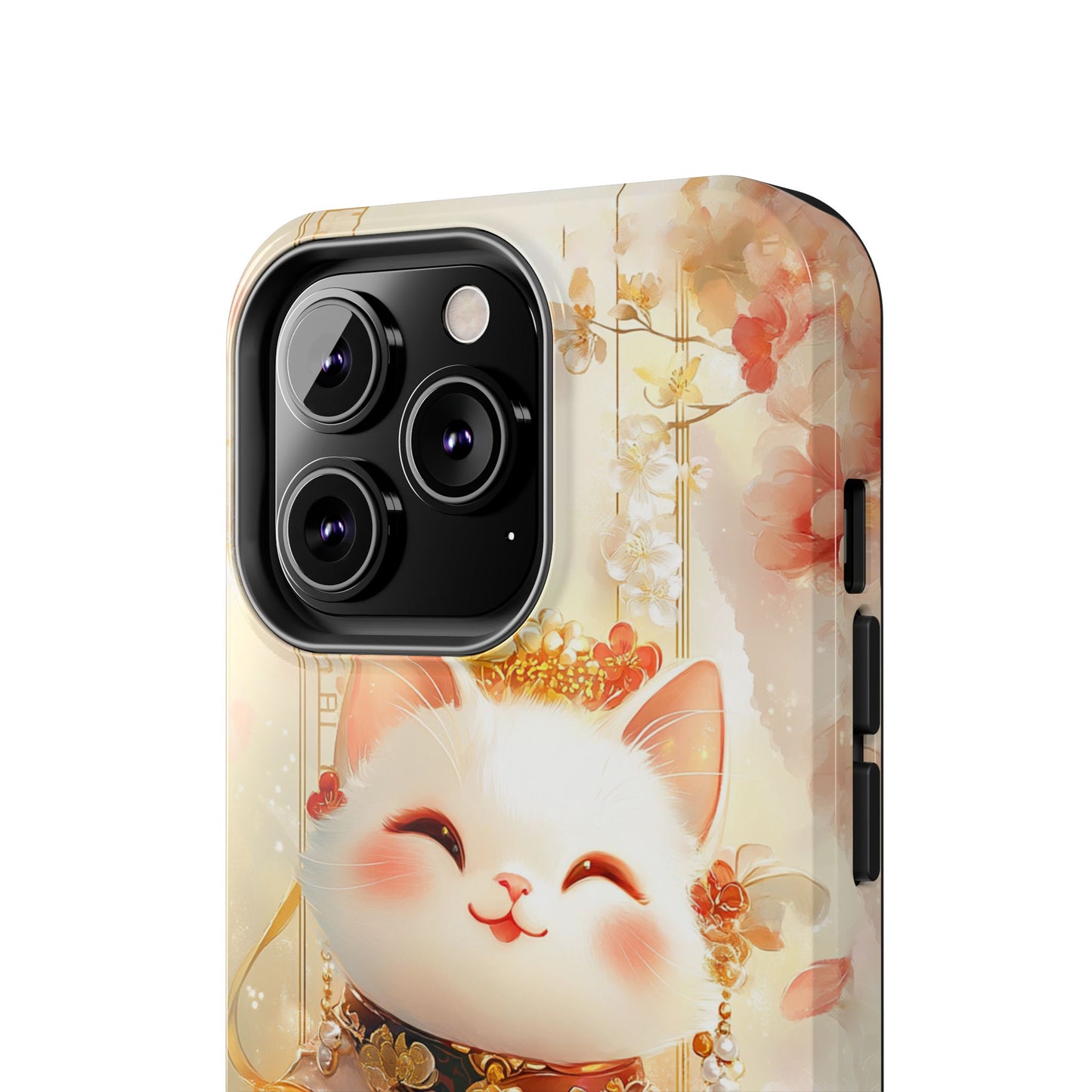 Lucky Fortune Cat Phone Case | Tang Dynasty Chinese Style Golden Floral Design | Cute Smiling Maneki-neko Protective Cover