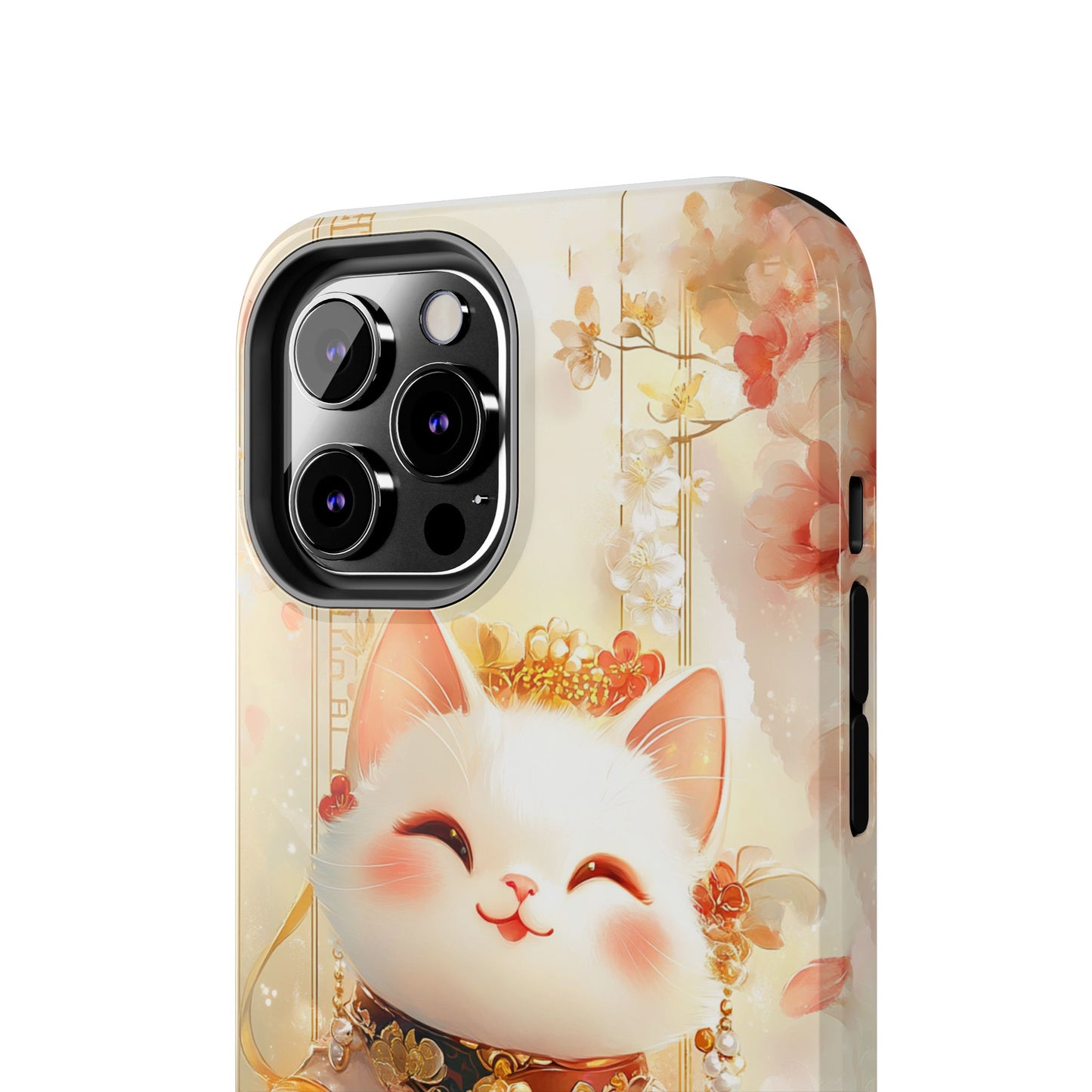Lucky Fortune Cat Phone Case | Tang Dynasty Chinese Style Golden Floral Design | Cute Smiling Maneki-neko Protective Cover