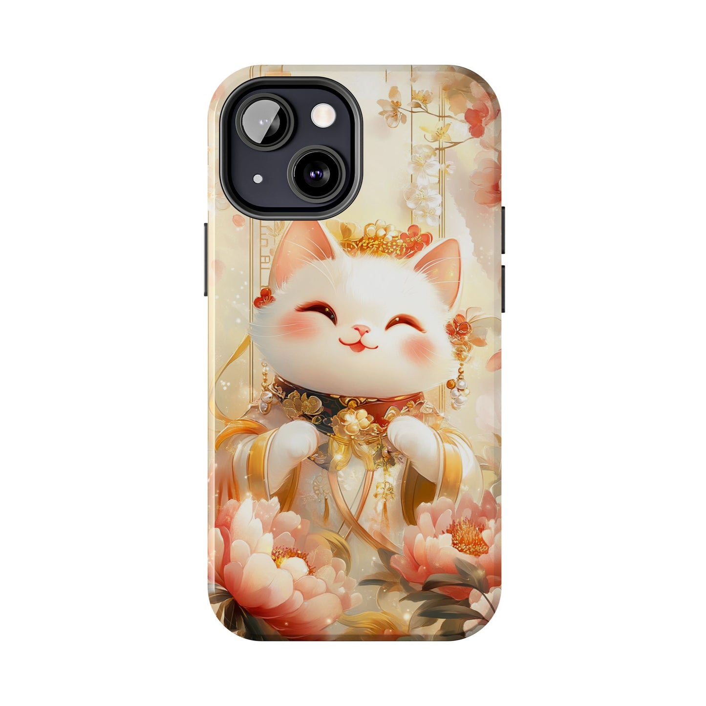 Lucky Fortune Cat Phone Case | Tang Dynasty Chinese Style Golden Floral Design | Cute Smiling Maneki-neko Protective Cover