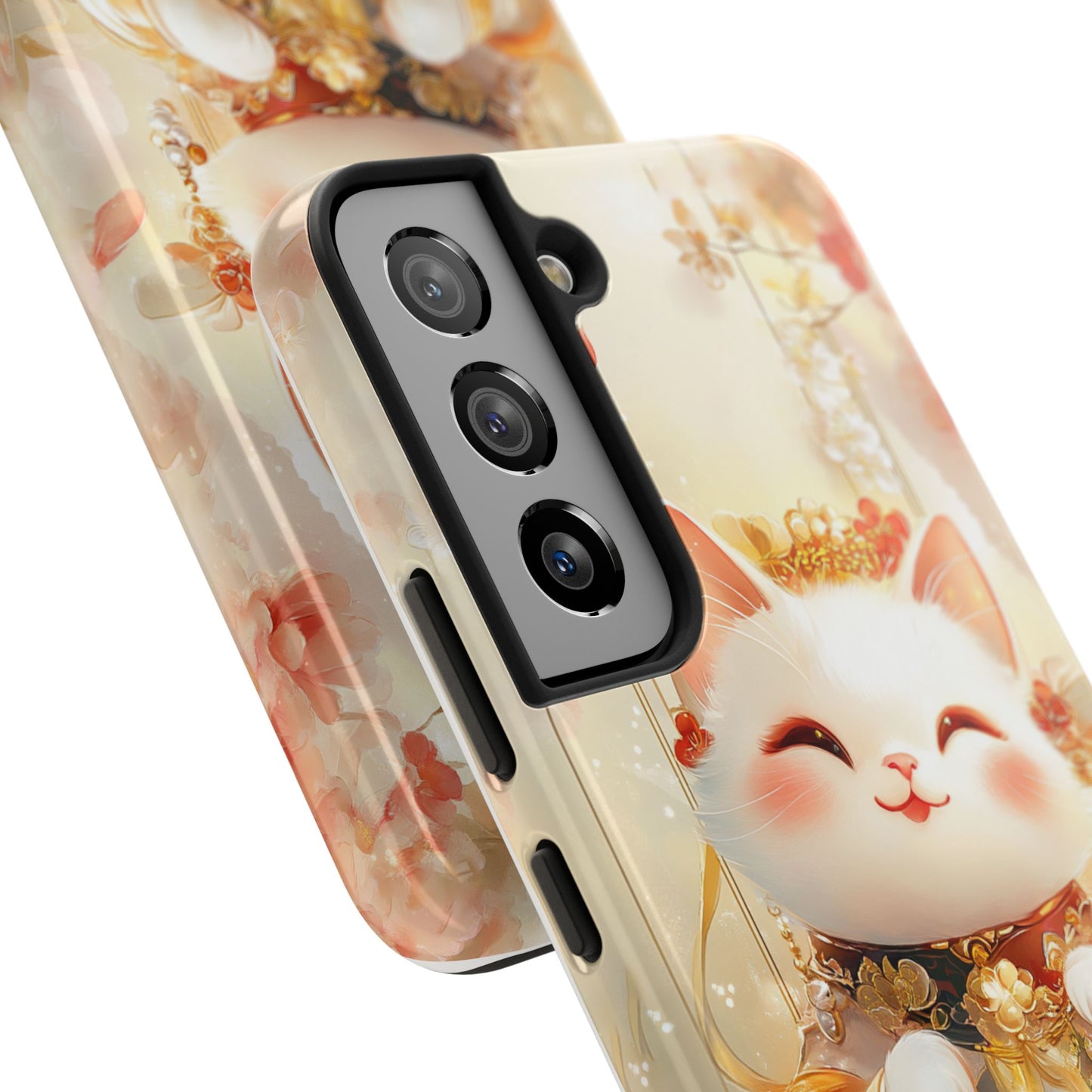 Lucky Fortune Cat Phone Case | Tang Dynasty Chinese Style Golden Floral Design | Cute Smiling Maneki-neko Protective Cover