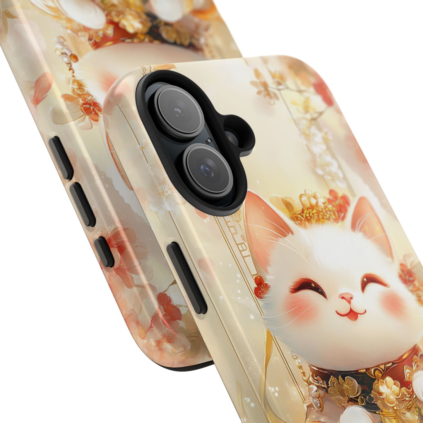 Lucky Fortune Cat Phone Case | Tang Dynasty Chinese Style Golden Floral Design | Cute Smiling Maneki-neko Protective Cover