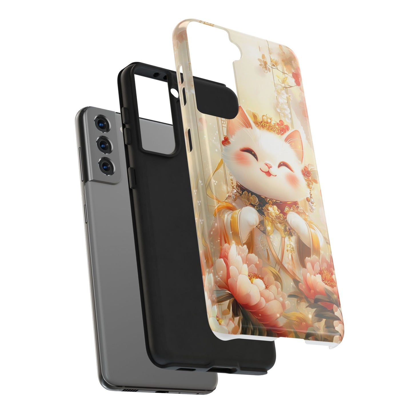 Lucky Fortune Cat Phone Case | Tang Dynasty Chinese Style Golden Floral Design | Cute Smiling Maneki-neko Protective Cover