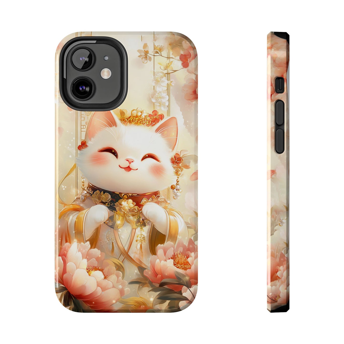 Lucky Fortune Cat Phone Case | Tang Dynasty Chinese Style Golden Floral Design | Cute Smiling Maneki-neko Protective Cover
