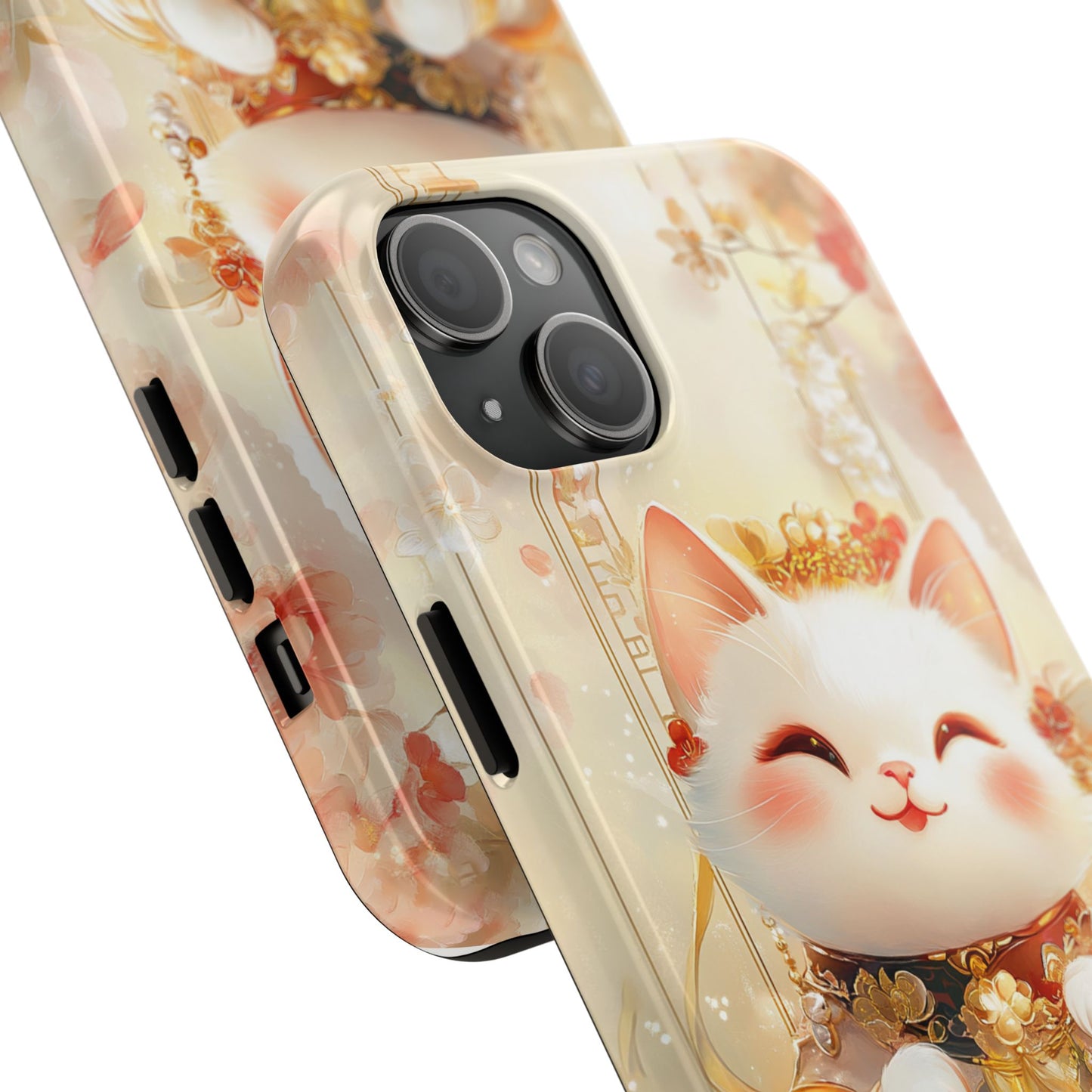 Lucky Fortune Cat Phone Case | Tang Dynasty Chinese Style Golden Floral Design | Cute Smiling Maneki-neko Protective Cover
