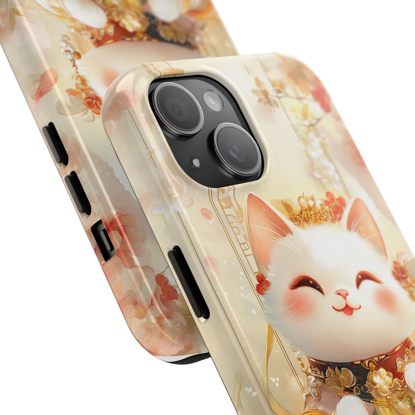 Lucky Fortune Cat Phone Case | Tang Dynasty Chinese Style Golden Floral Design | Cute Smiling Maneki-neko Protective Cover