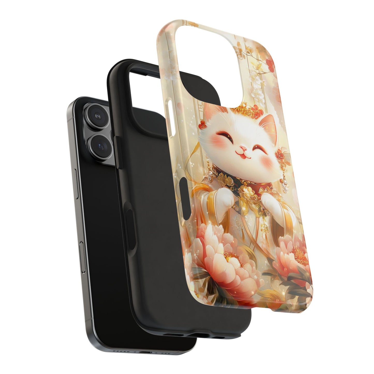 Lucky Fortune Cat Phone Case | Tang Dynasty Chinese Style Golden Floral Design | Cute Smiling Maneki-neko Protective Cover