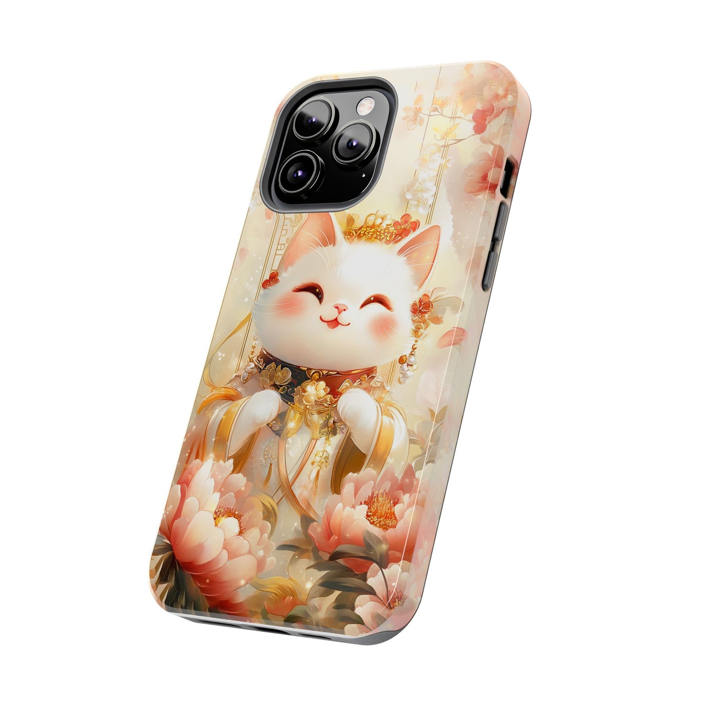 Lucky Fortune Cat Phone Case | Tang Dynasty Chinese Style Golden Floral Design | Cute Smiling Maneki-neko Protective Cover