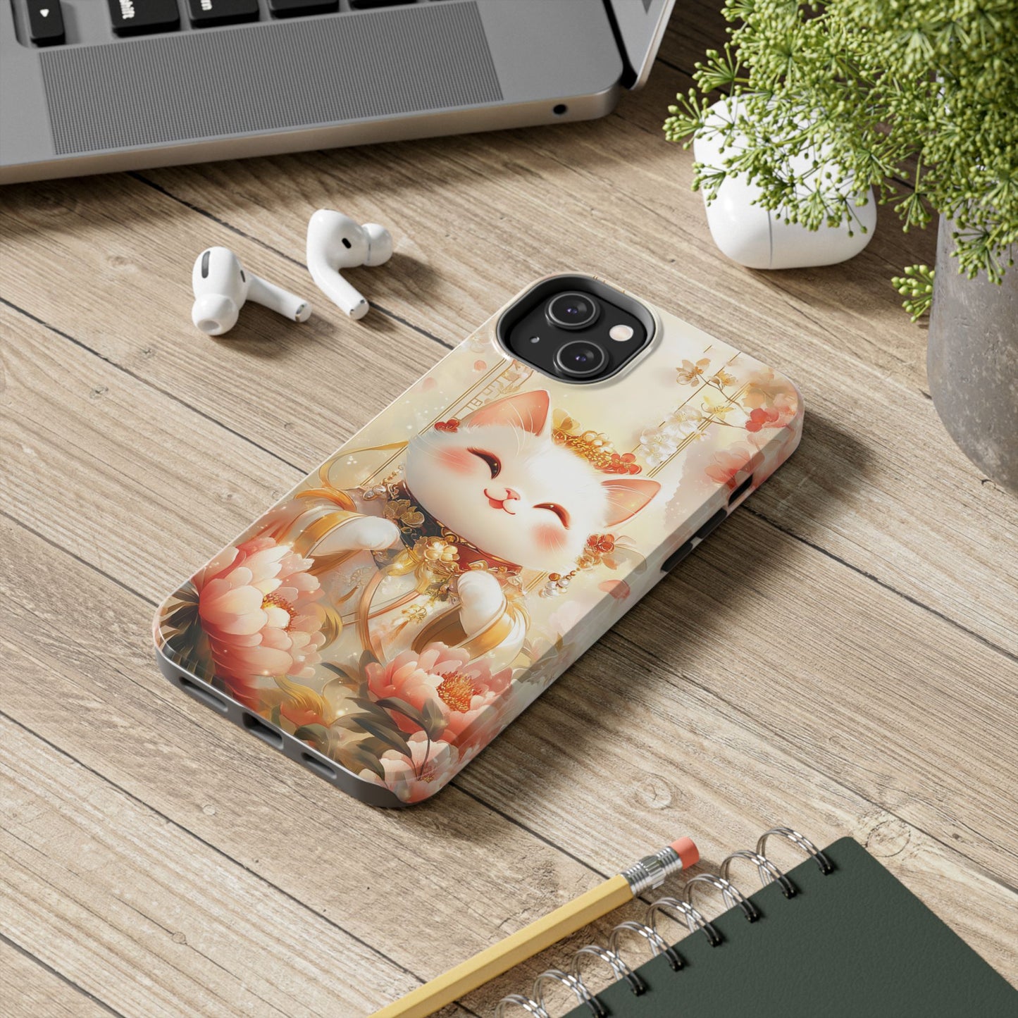 Lucky Fortune Cat Phone Case | Tang Dynasty Chinese Style Golden Floral Design | Cute Smiling Maneki-neko Protective Cover